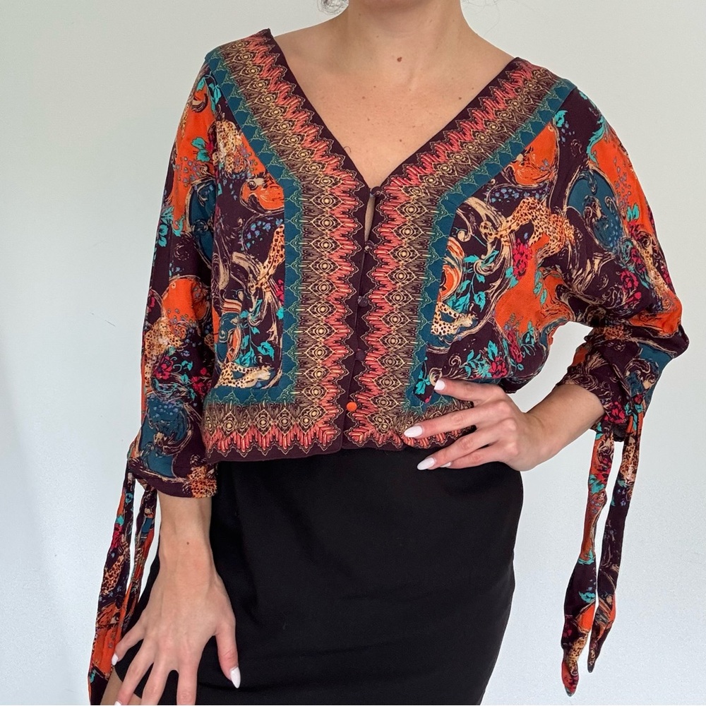 Free People Multicolor Printed V-Neck Tie-Sleeve Blouse - Picture 6 of 6